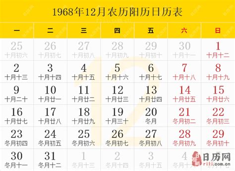 1968年月曆|1968年农历阳历表,1968年日历表,1968年黄历